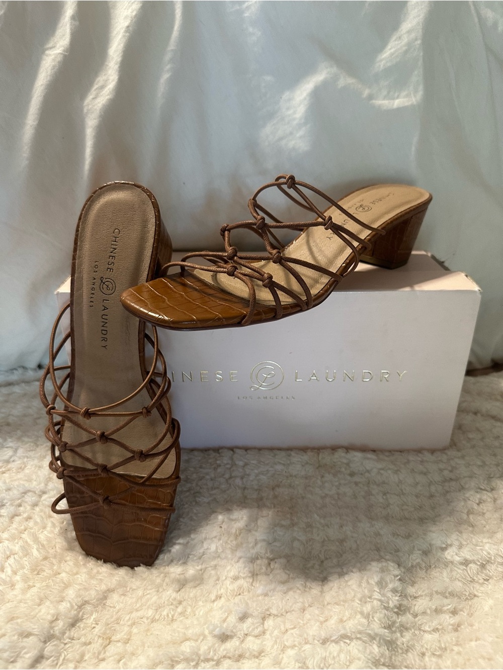 Chinese Laundry Brown Croc-Embossed Strappy Mid-Heel Mules size 9